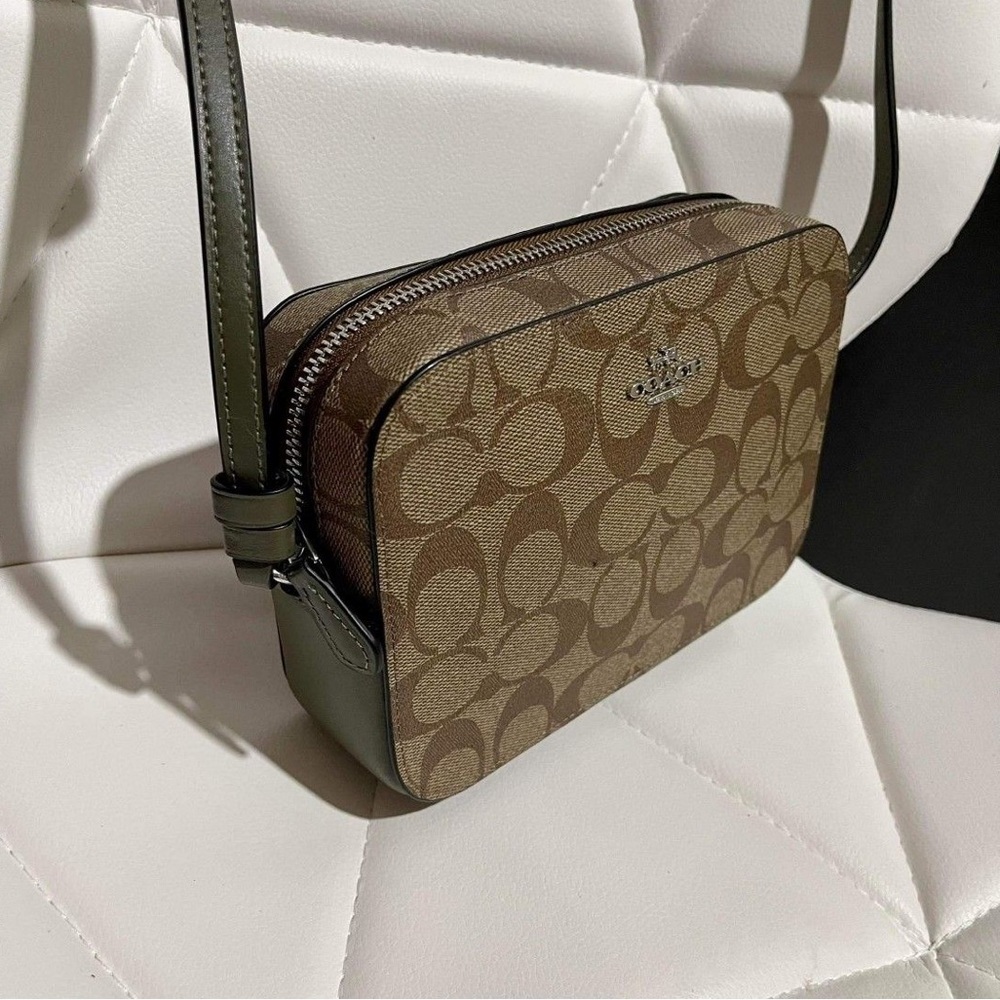 Coach Brown Signature Mini Shoulder Camera Bag PVC Canvas & Green Leather